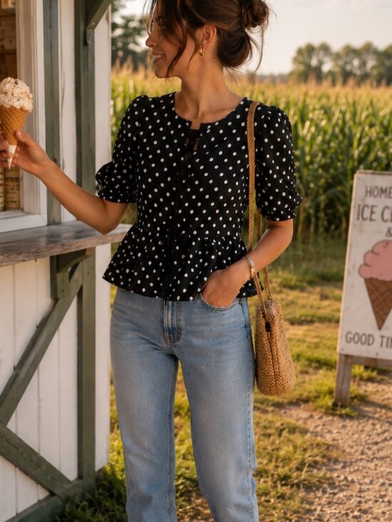 Monteau Tops - Monteau Los Angeles Black & White Polka Dot Peplum Blouse Medium